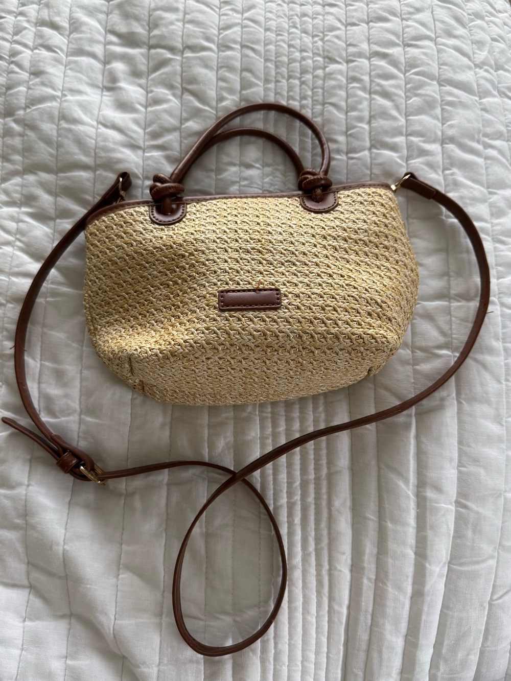 Petite Woven Straw Crossbody Bag with Brown Leather Trim